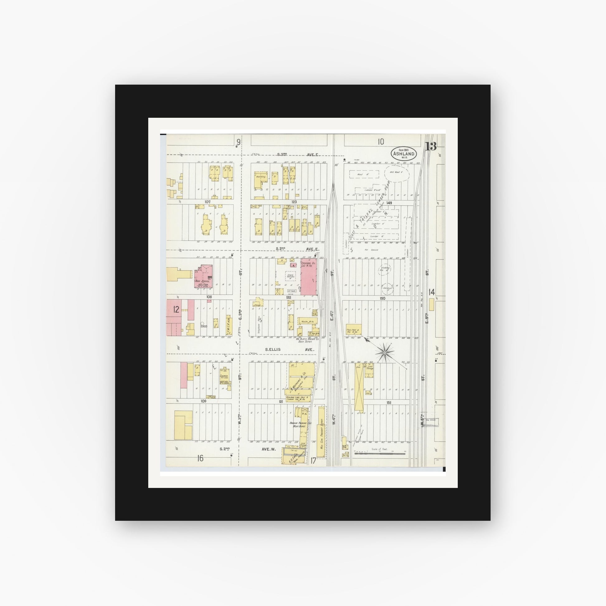 Old map wall art mockup — black gallery frame with white mat — Sanborn Fire Insurance Map from Ashland, Ashland County, Wisconsin (1901), Sheet #0013