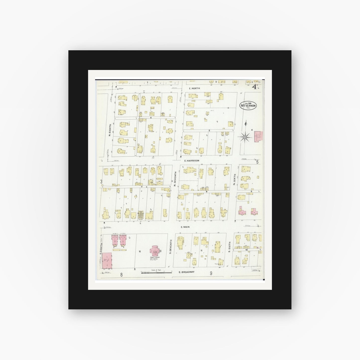 Old map wall art mockup — black gallery frame with white mat — Sanborn Fire Insurance Map from Mount Vernon, Jefferson County, Illinois (1908), Sheet #0004