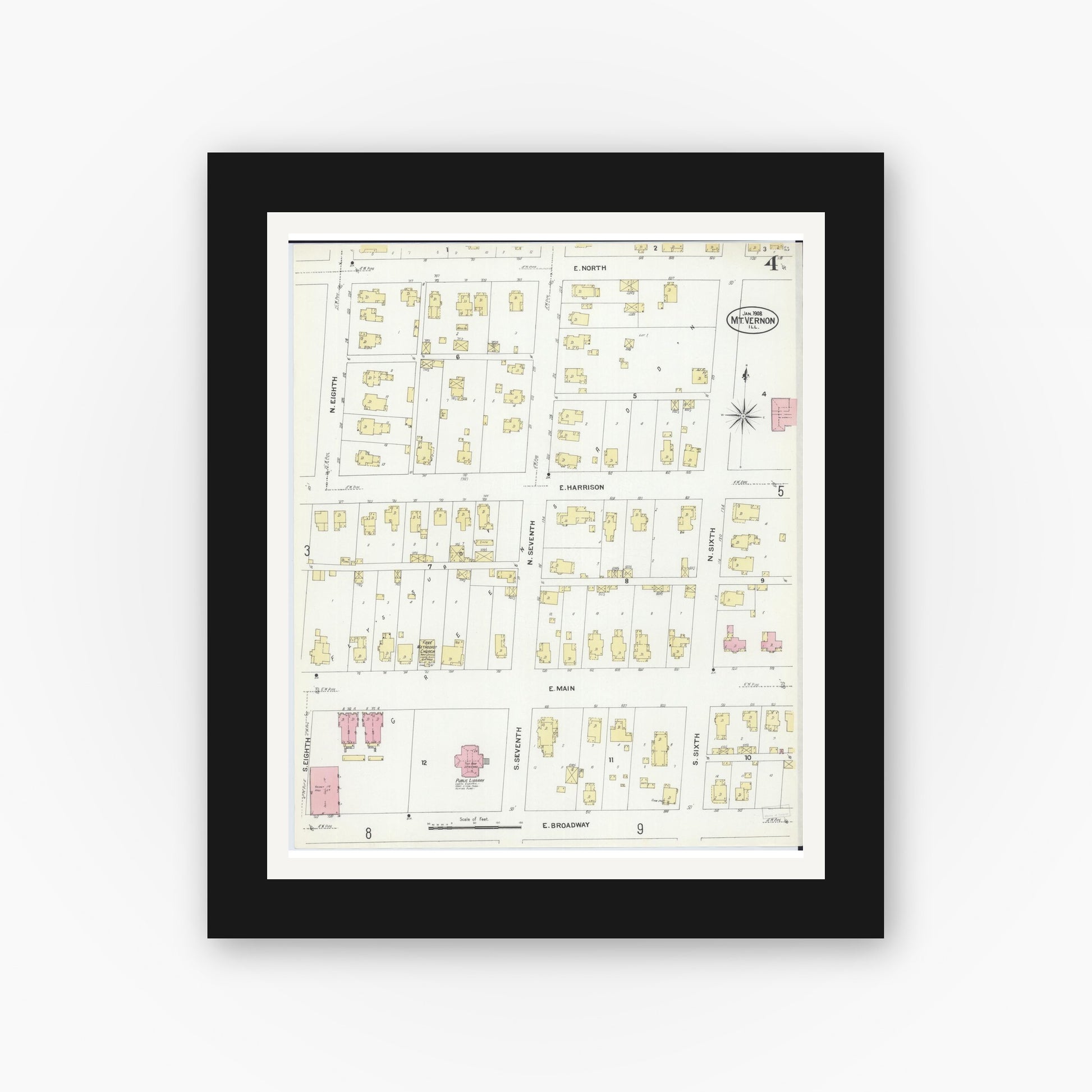 Old map wall art mockup — black gallery frame with white mat — Sanborn Fire Insurance Map from Mount Vernon, Jefferson County, Illinois (1908), Sheet #0004