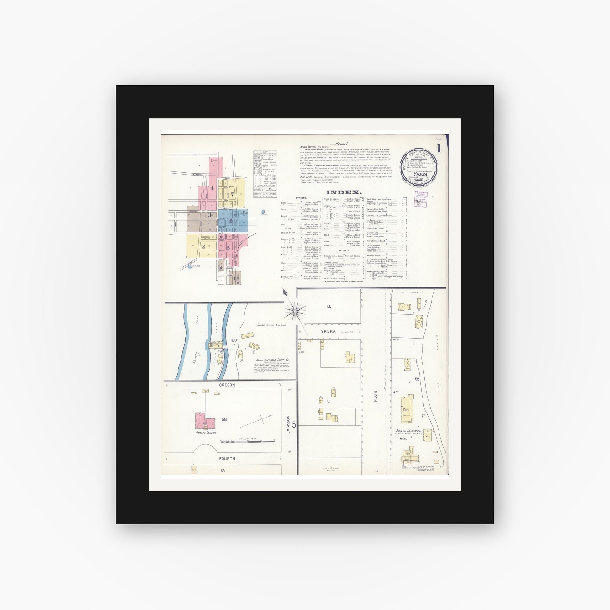 Old map wall art mockup — black gallery frame with white mat — Sanborn Fire Insurance Map from Yreka, Siskiyou County, California (1901) - Complete Map Set