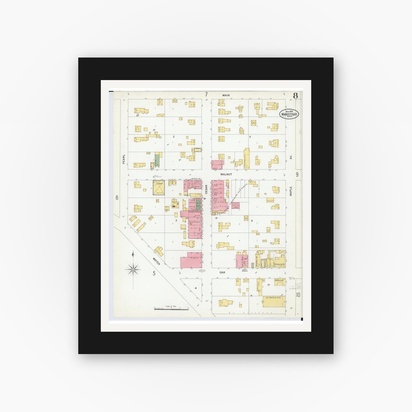 Old map wall art mockup — black gallery frame with white mat — Sanborn Fire Insurance Map from Manistique, Schoolcraft County, Michigan (1900), Sheet #0008