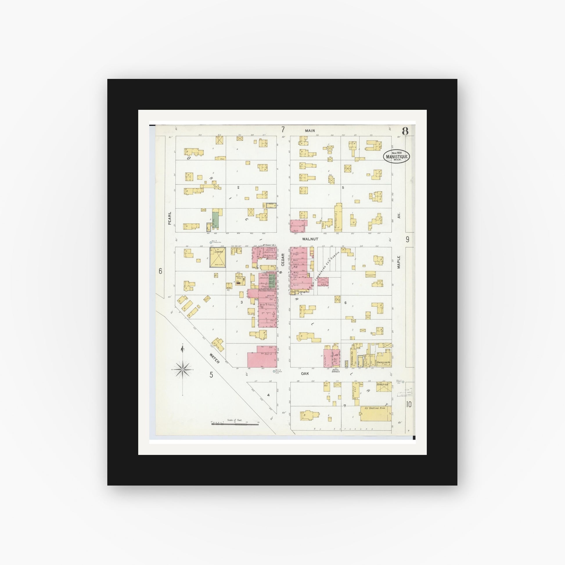 Old map wall art mockup — black gallery frame with white mat — Sanborn Fire Insurance Map from Manistique, Schoolcraft County, Michigan (1900), Sheet #0008