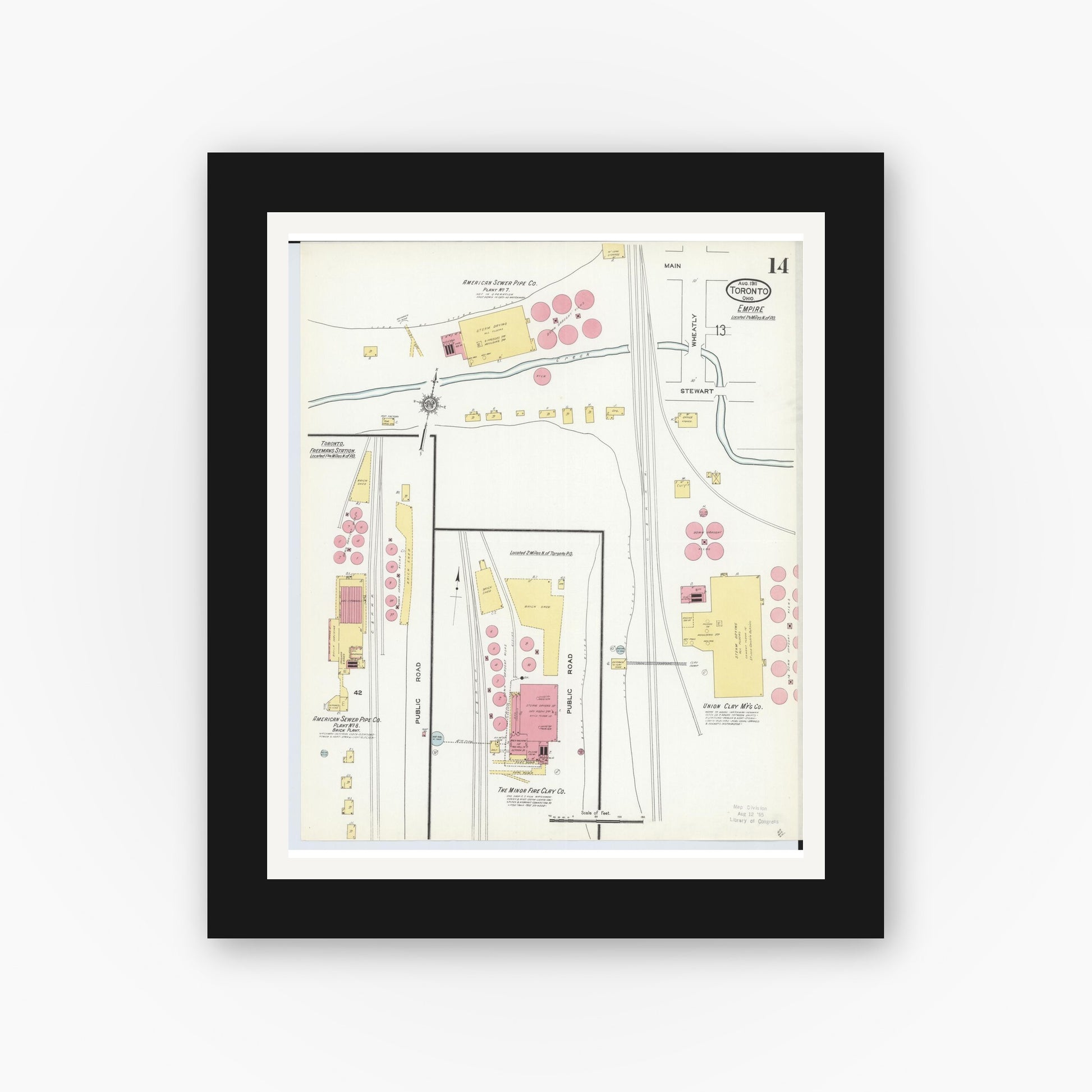 Old map wall art mockup — black gallery frame with white mat — Sanborn Fire Insurance Map from Toronto, Jefferson County, Ohio (1911), Sheet #0014