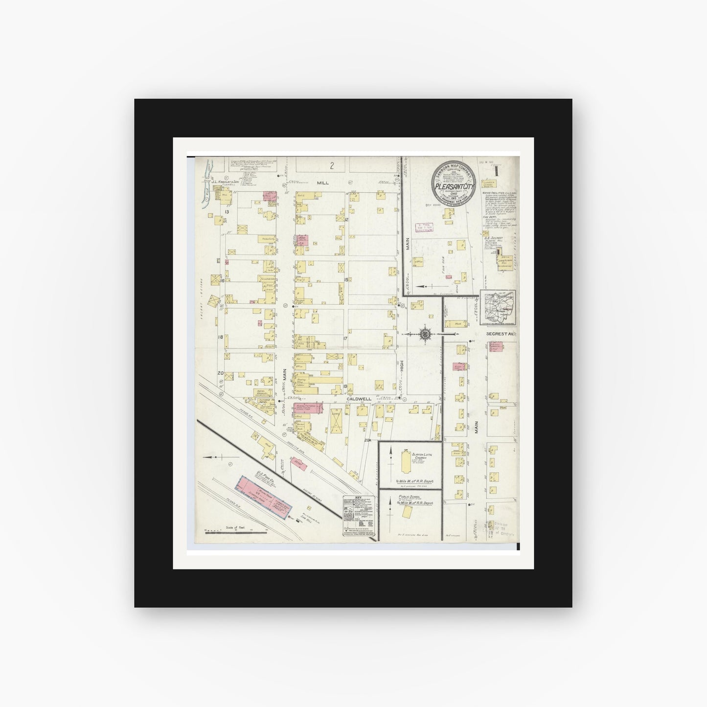 Old map wall art mockup — black gallery frame with white mat — Sanborn Fire Insurance Map from Pleasant City, Guernsey County, Ohio (1913), Sheet #0001