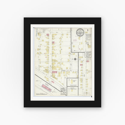 Old map wall art mockup — black gallery frame with white mat — Sanborn Fire Insurance Map from Pleasant City, Guernsey County, Ohio (1913), Sheet #0001