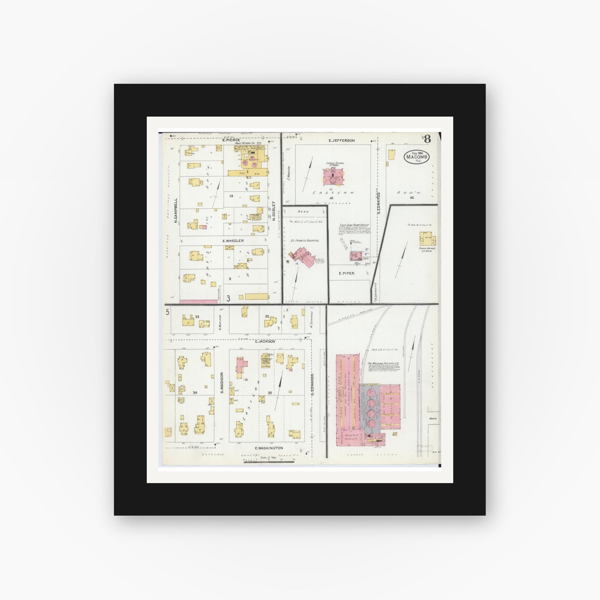 Old map wall art mockup — black gallery frame with white mat — Sanborn Fire Insurance Map from Macomb, Mcdonough County, Illinois (1906), Sheet #0008