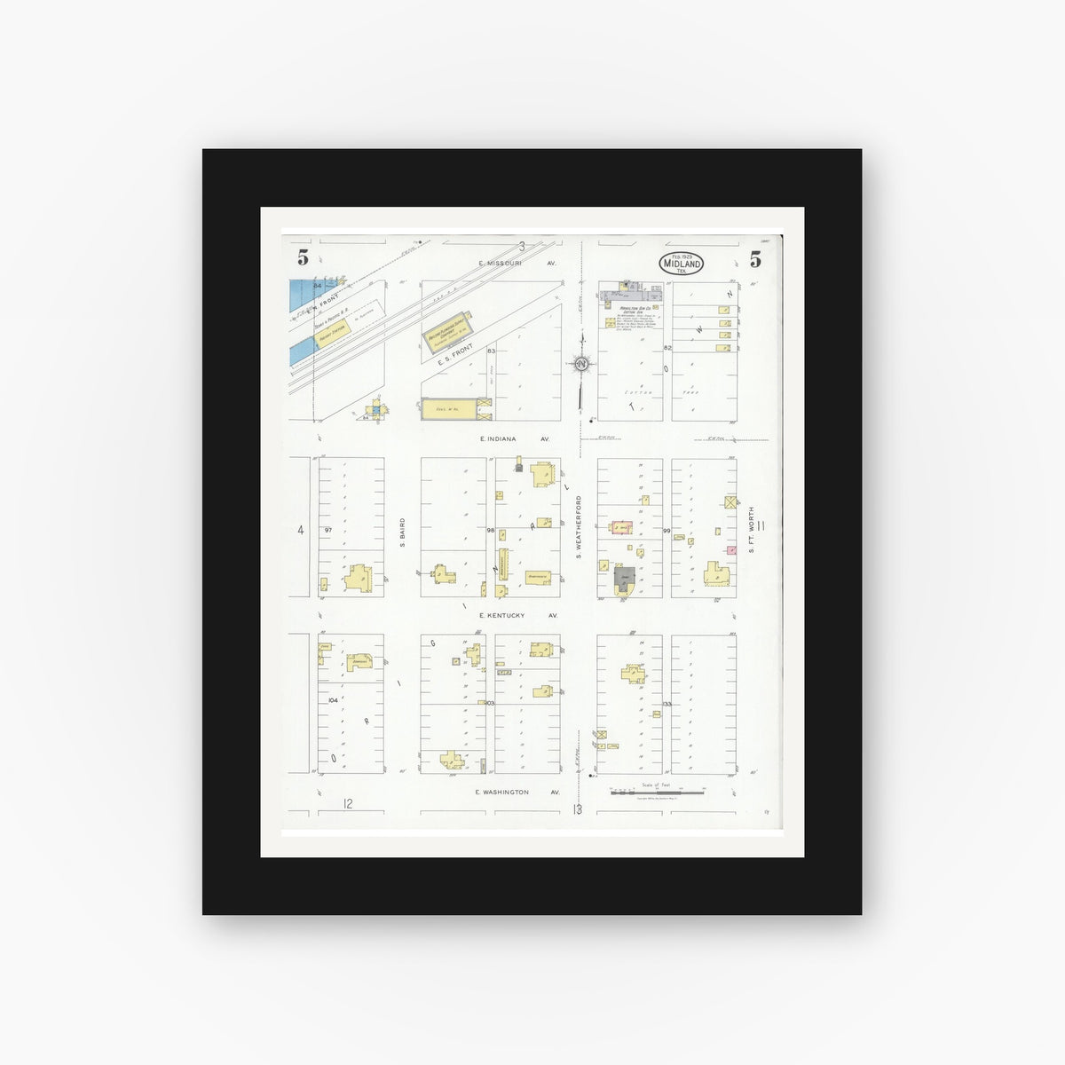 Old map wall art mockup — black gallery frame with white mat — Sanborn Fire Insurance Map from Midland, Midland County, Texas (1929), Sheet #0005