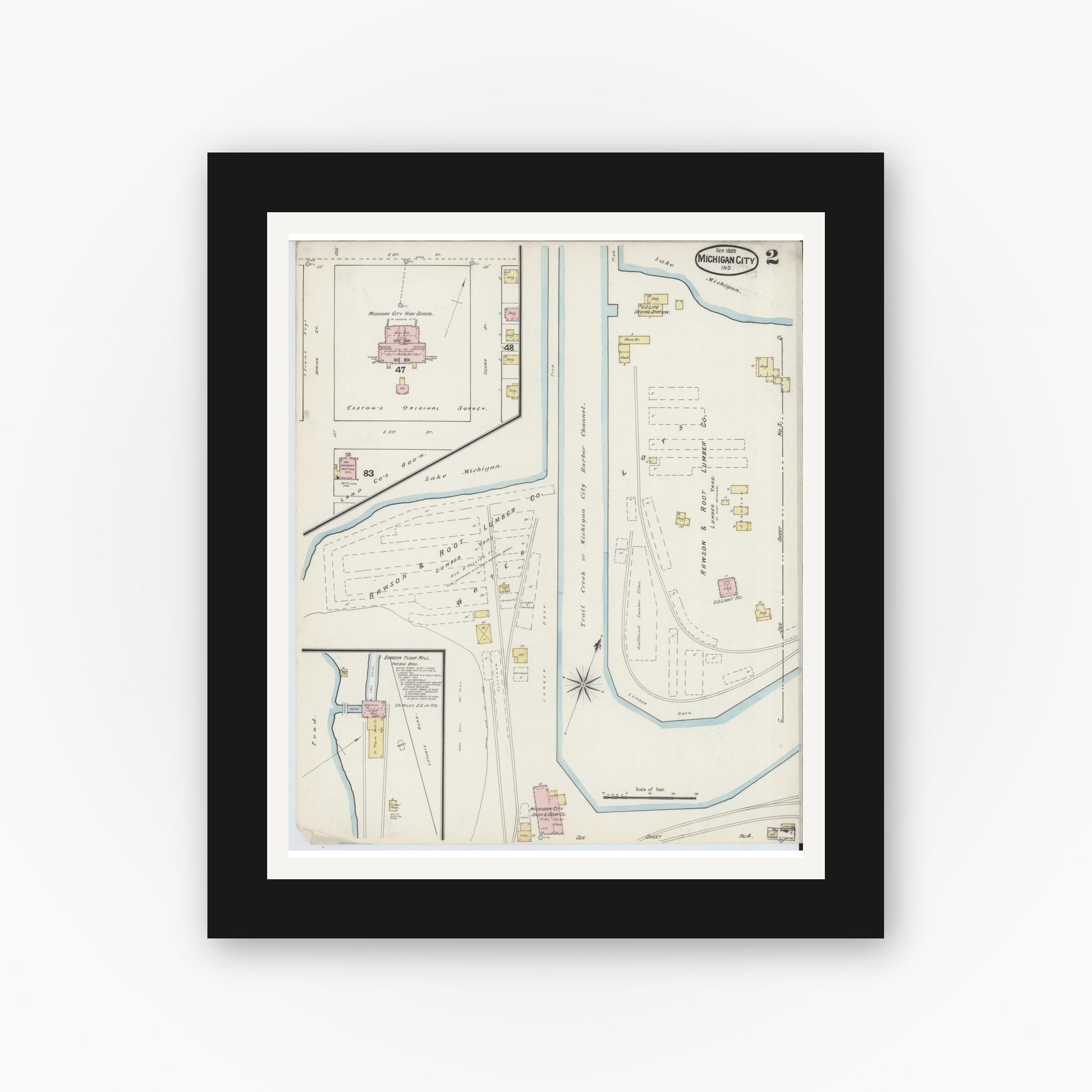 Old map wall art mockup — black gallery frame with white mat — Sanborn Fire Insurance Map from Michigan City, La Porte County, Indiana (1889), Sheet #0002