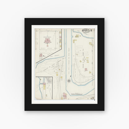Old map wall art mockup — black gallery frame with white mat — Sanborn Fire Insurance Map from Michigan City, La Porte County, Indiana (1889), Sheet #0002