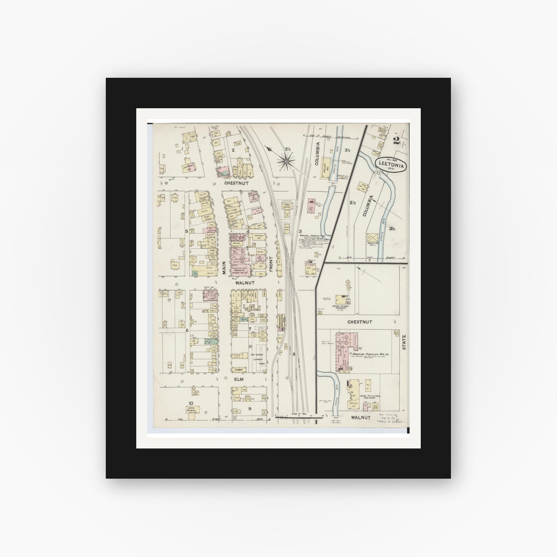 Old map wall art mockup — black gallery frame with white mat — Sanborn Fire Insurance Map from Leetonia, Columbiana County, Ohio (1888), Sheet #0002
