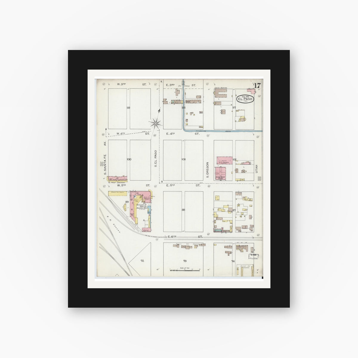 Old map wall art mockup — black gallery frame with white mat — Sanborn Fire Insurance Map from El Paso, El Paso County, Texas (1893), Sheet #0017