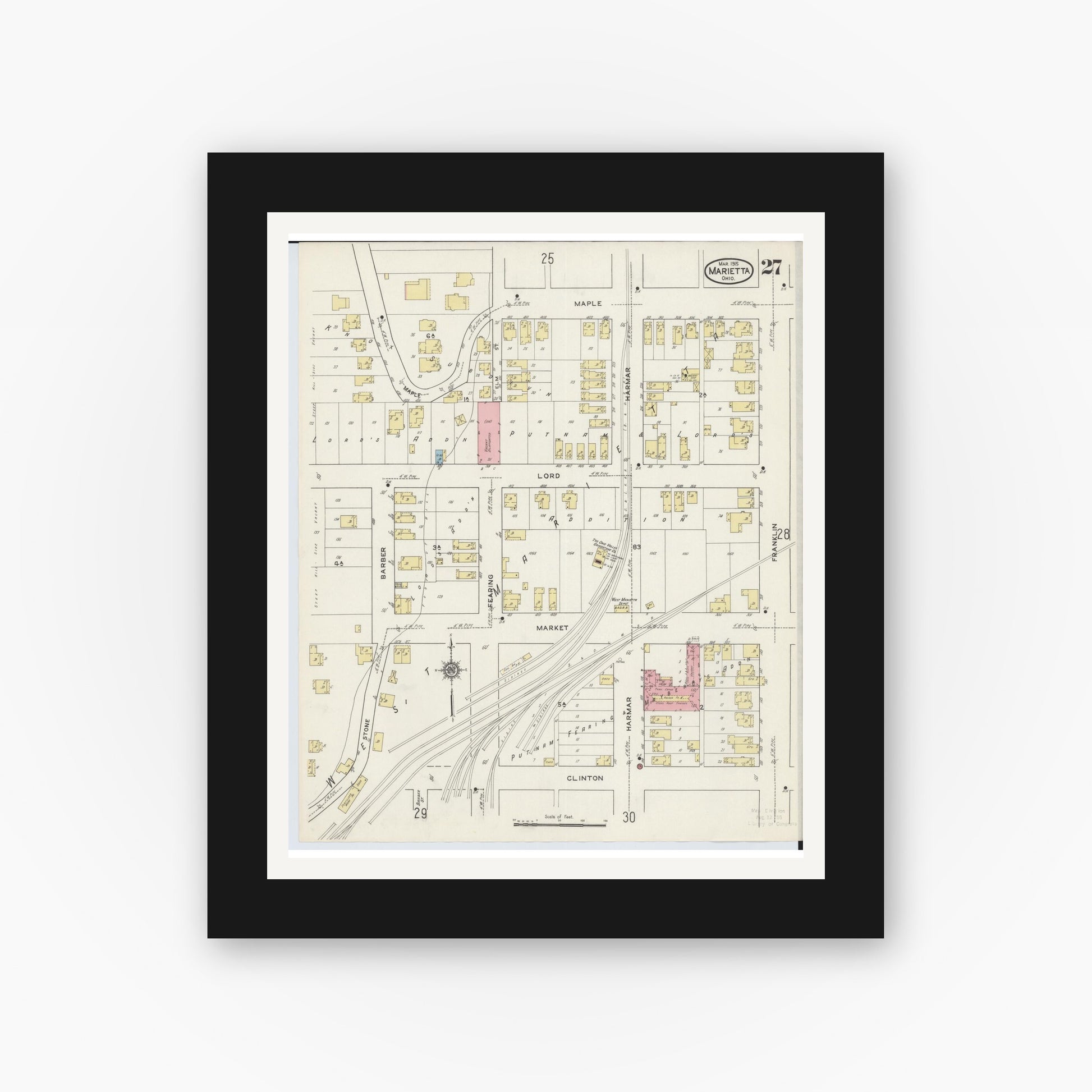 Old map wall art mockup — black gallery frame with white mat — Sanborn Fire Insurance Map from Marietta, Washington County, Ohio (1915), Sheet #0027