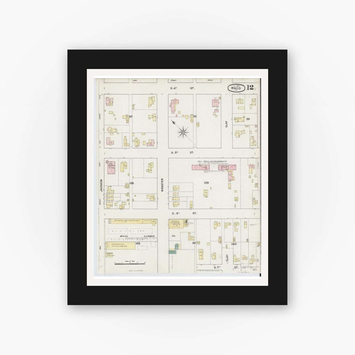 Old map wall art mockup — black gallery frame with white mat — Sanborn Fire Insurance Map from Waco, McLennan County, Texas (1889), Sheet #0012