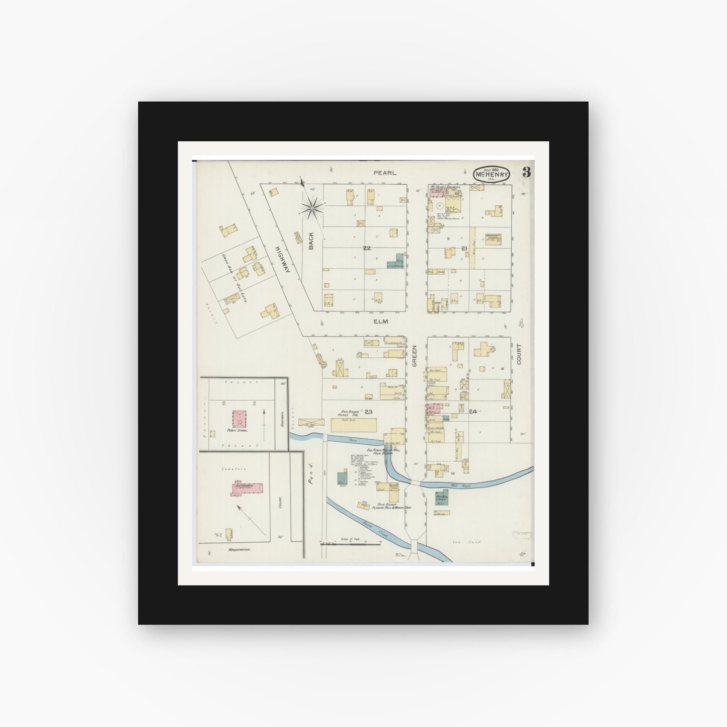 Old map wall art mockup — black gallery frame with white mat — Sanborn Fire Insurance Map from McHenry, McHenry County, Illinois (1893), Sheet #0003