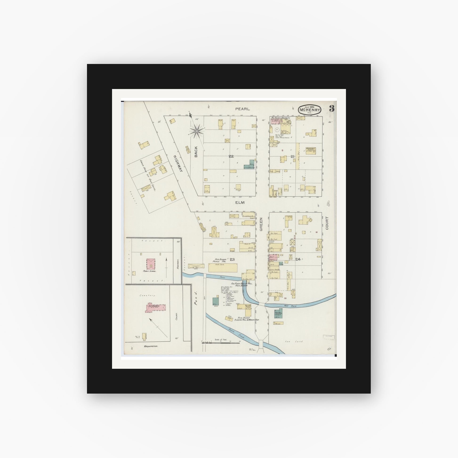 Old map wall art mockup — black gallery frame with white mat — Sanborn Fire Insurance Map from McHenry, McHenry County, Illinois (1893), Sheet #0003
