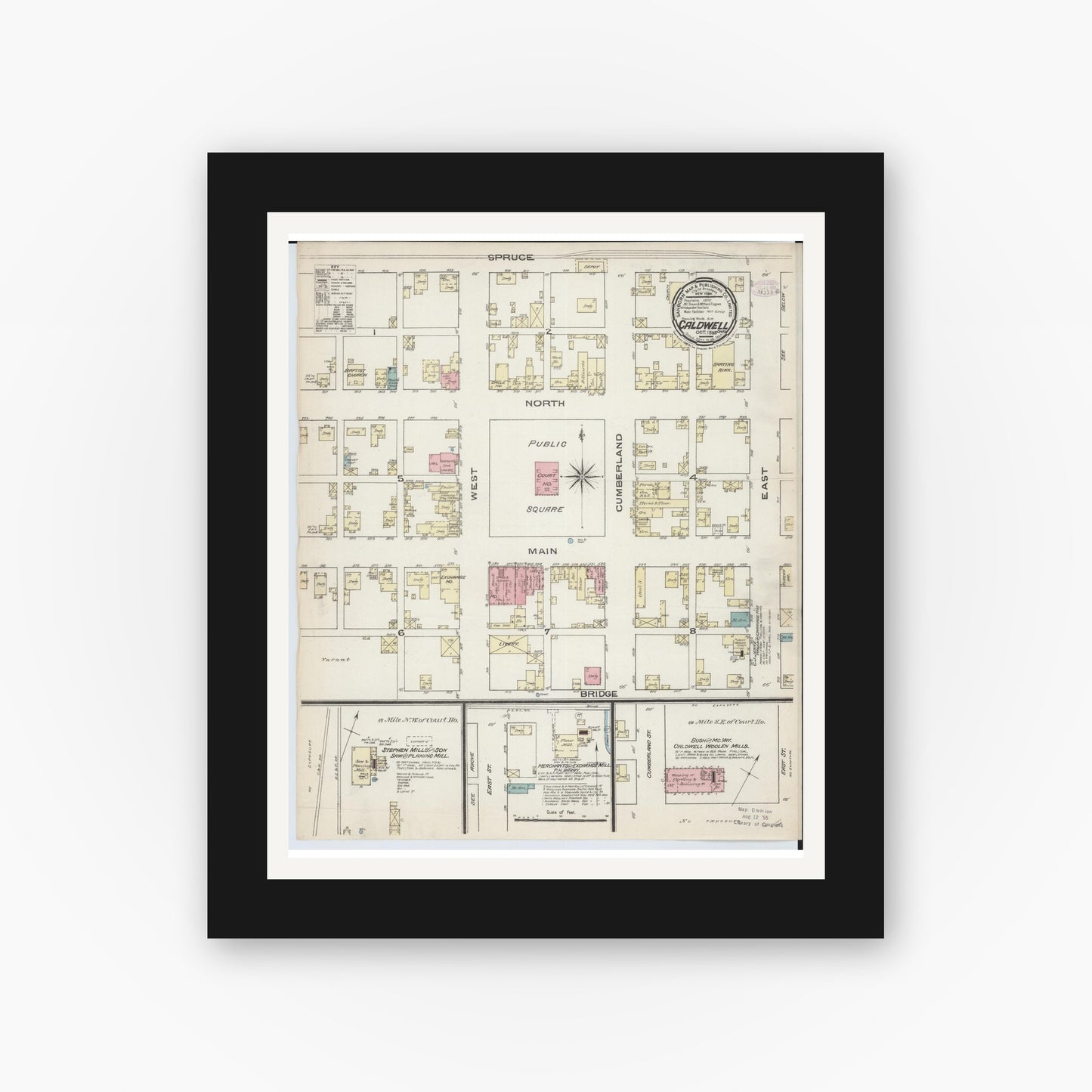 Old map wall art mockup — black gallery frame with white mat — Sanborn Fire Insurance Map from Caldwell, Noble County, Ohio (1885), Sheet #0001