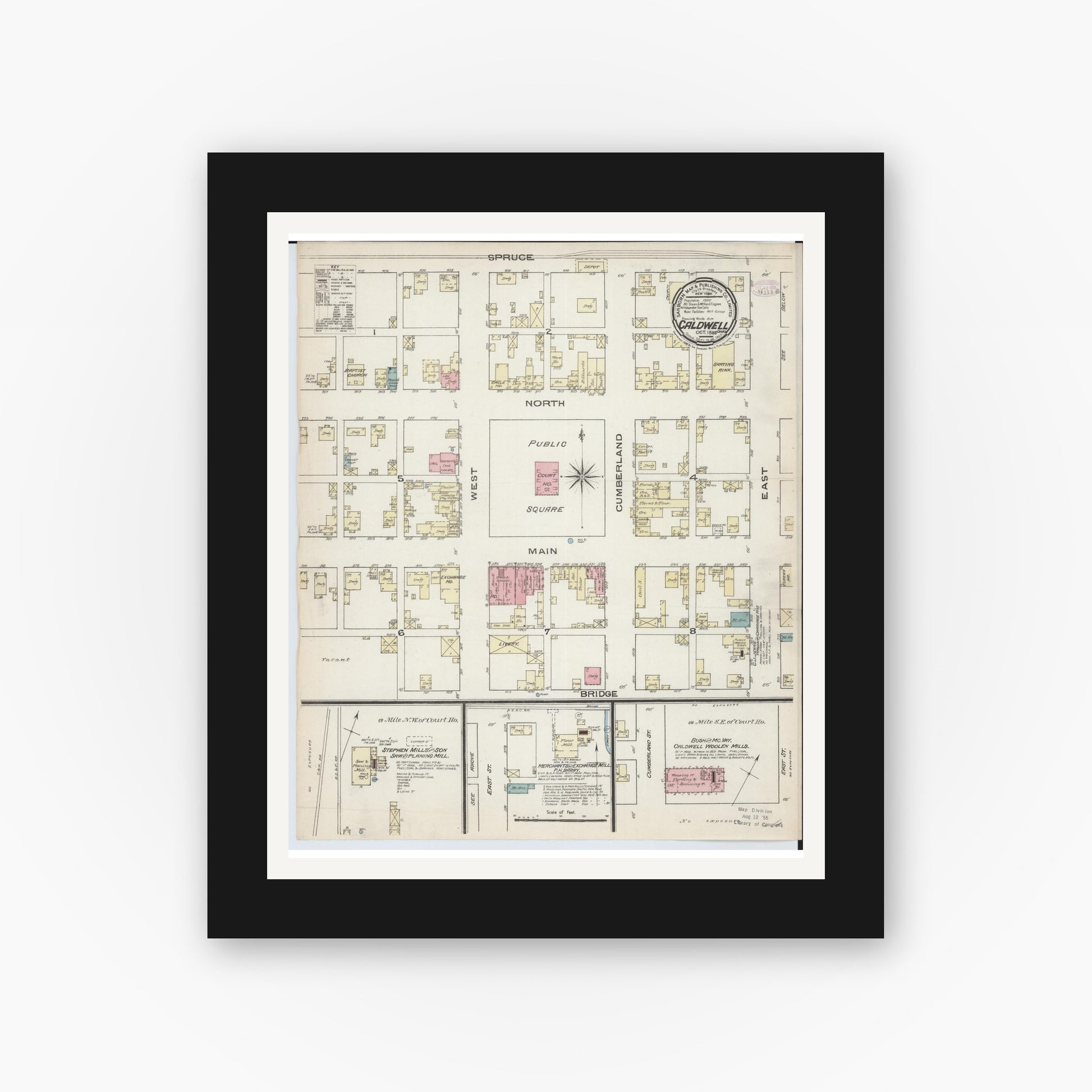 Old map wall art mockup — black gallery frame with white mat — Sanborn Fire Insurance Map from Caldwell, Noble County, Ohio (1885), Sheet #0001