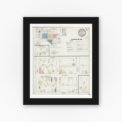 Old map wall art mockup — black gallery frame with white mat — Sanborn Fire Insurance Map from Lebanon, Saint Clair County, Illinois (1894), Sheet #0001