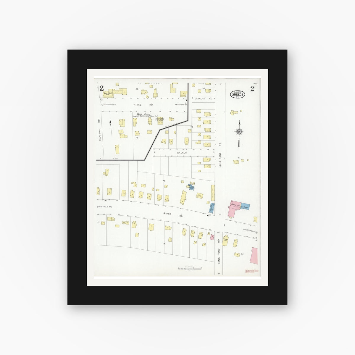 Old map wall art mockup — black gallery frame with white mat — Sanborn Fire Insurance Map from Greece, Monroe County, New York (1929), Sheet #0002