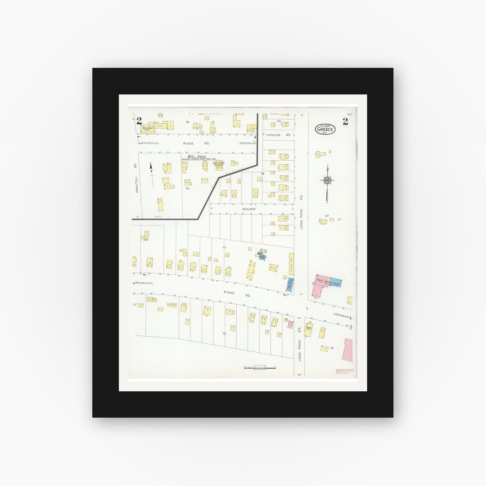 Old map wall art mockup — black gallery frame with white mat — Sanborn Fire Insurance Map from Greece, Monroe County, New York (1929), Sheet #0002