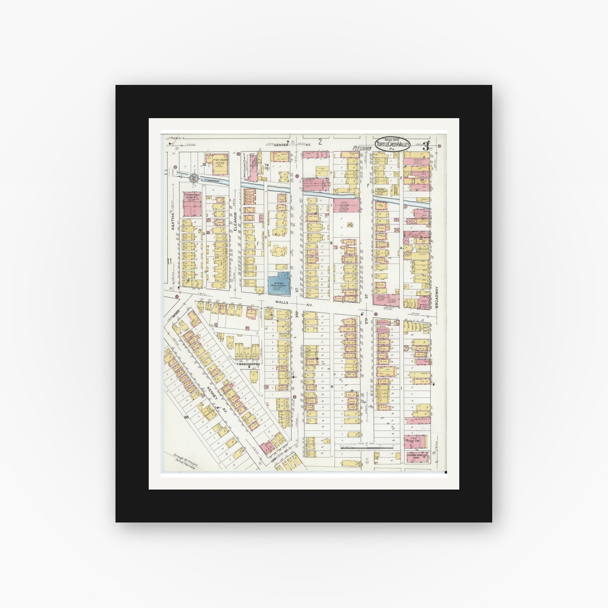 Old map wall art mockup — black gallery frame with white mat — Sanborn Fire Insurance Map from Turtle Creek Valley, Allegheny County, Pennsylvania (1919), Sheet #0003