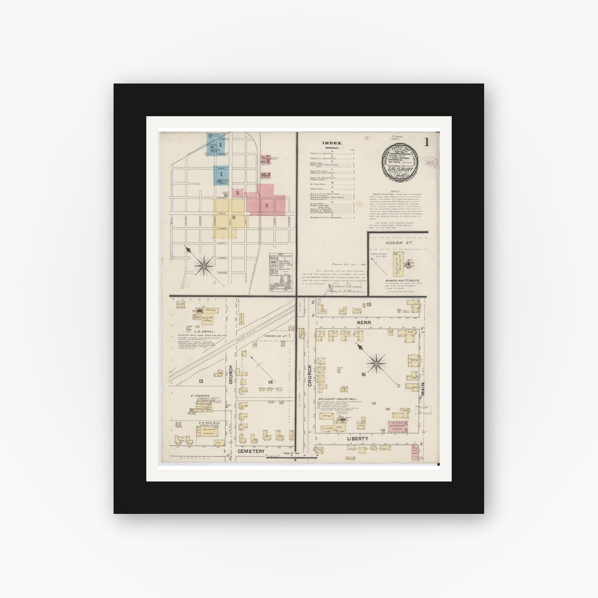 Old map wall art mockup — black gallery frame with white mat — Sanborn Fire Insurance Map from Salisbury, Rowan County, North Carolina (1890) - Complete Map Set