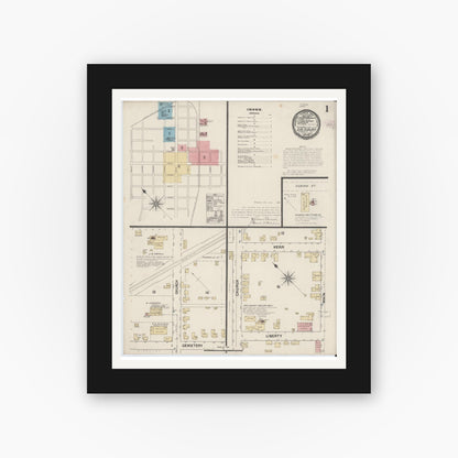 Old map wall art mockup — black gallery frame with white mat — Sanborn Fire Insurance Map from Salisbury, Rowan County, North Carolina (1890) - Complete Map Set