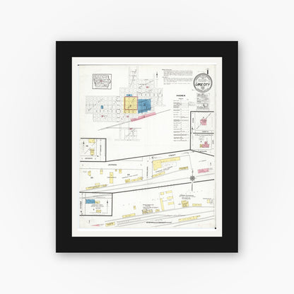 Old map wall art mockup — black gallery frame with white mat — Sanborn Fire Insurance Map from Lake City, Calhoun County, Iowa (1919) â€” Complete Set