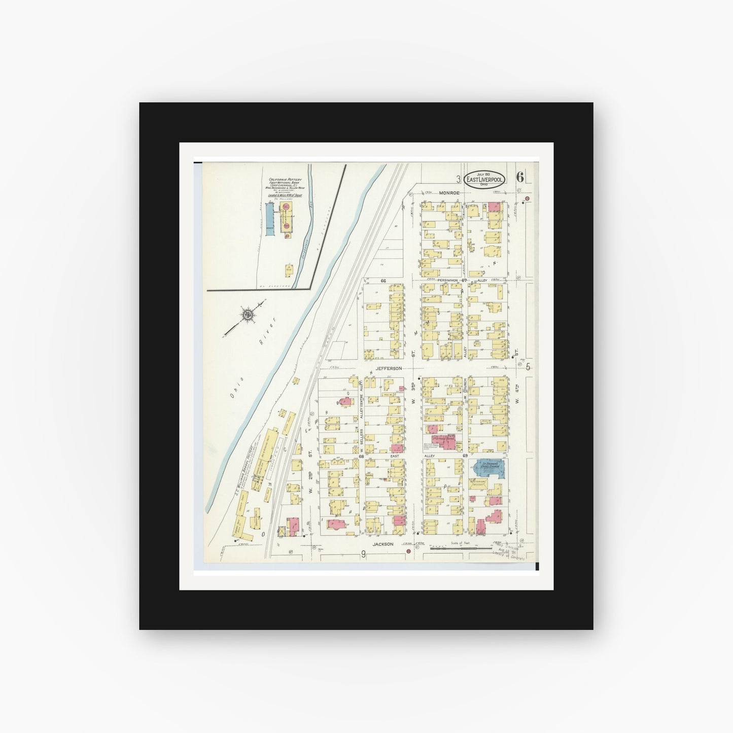 Old map wall art mockup — black gallery frame with white mat — Sanborn Fire Insurance Map from East Liverpool, Columbiana County, Ohio (1913), Sheet #0006