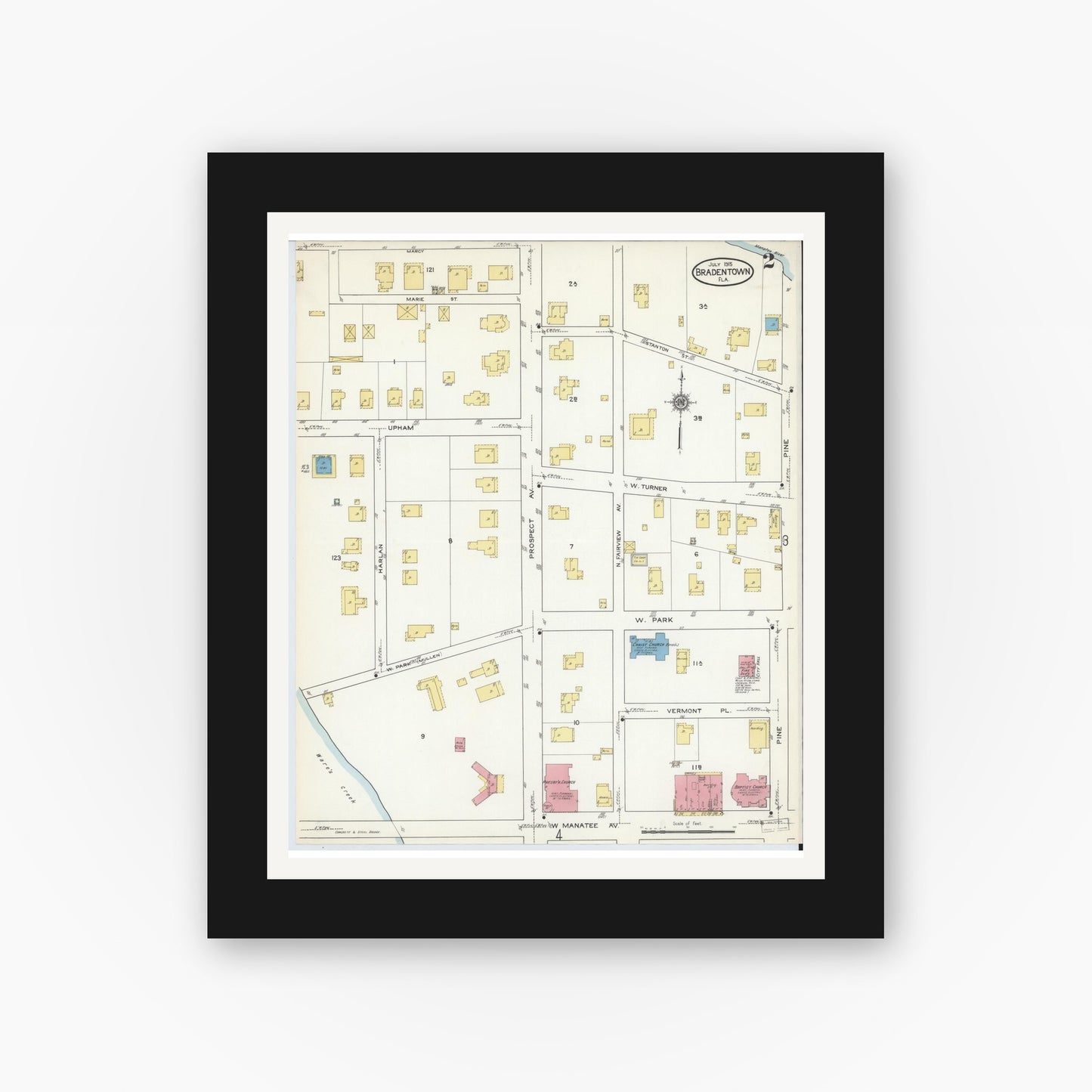 Old map wall art mockup — black gallery frame with white mat — Sanborn Fire Insurance Map from Bradentown, Manatee County, Florida (1915), Sheet #0002