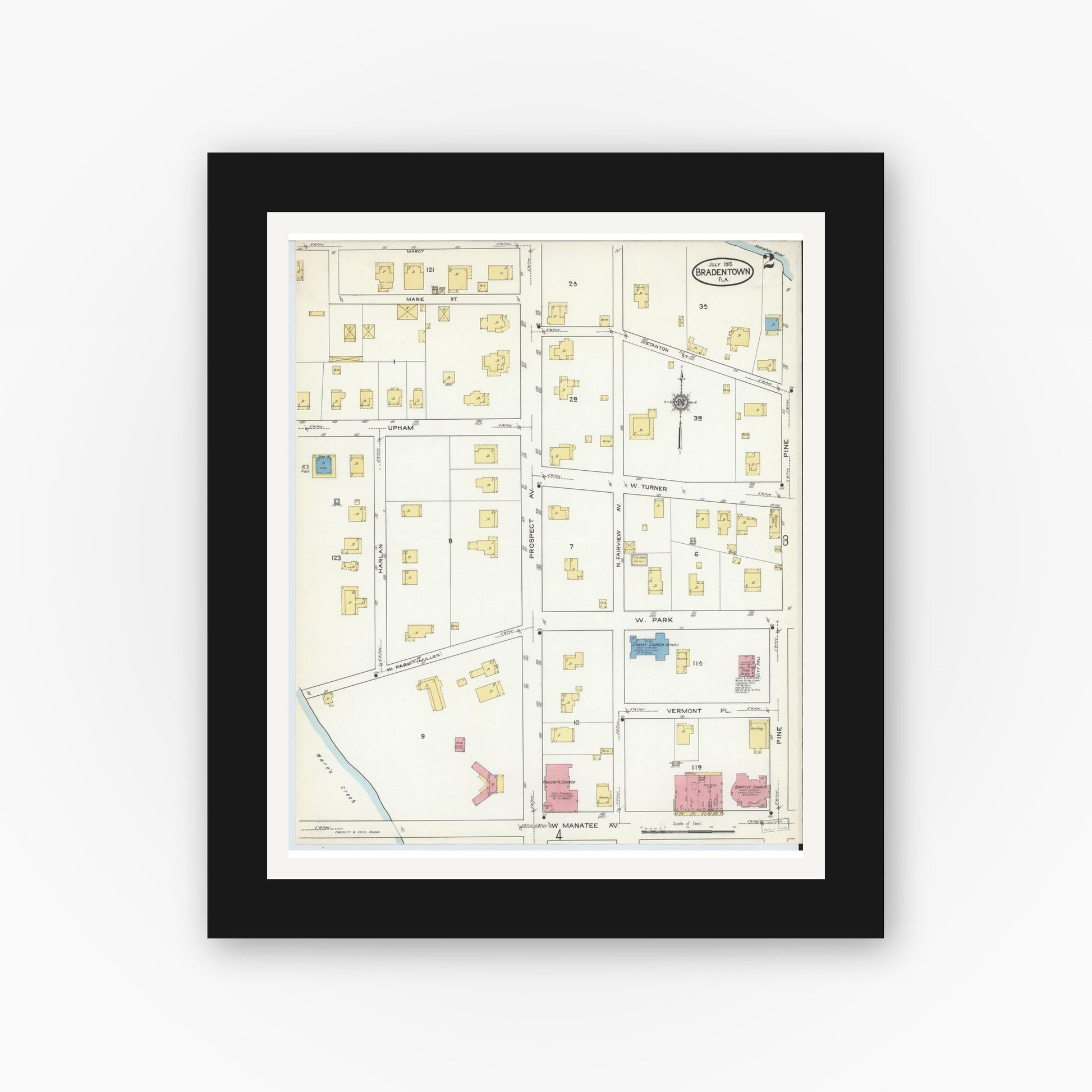 Old map wall art mockup — black gallery frame with white mat — Sanborn Fire Insurance Map from Bradentown, Manatee County, Florida (1915), Sheet #0002