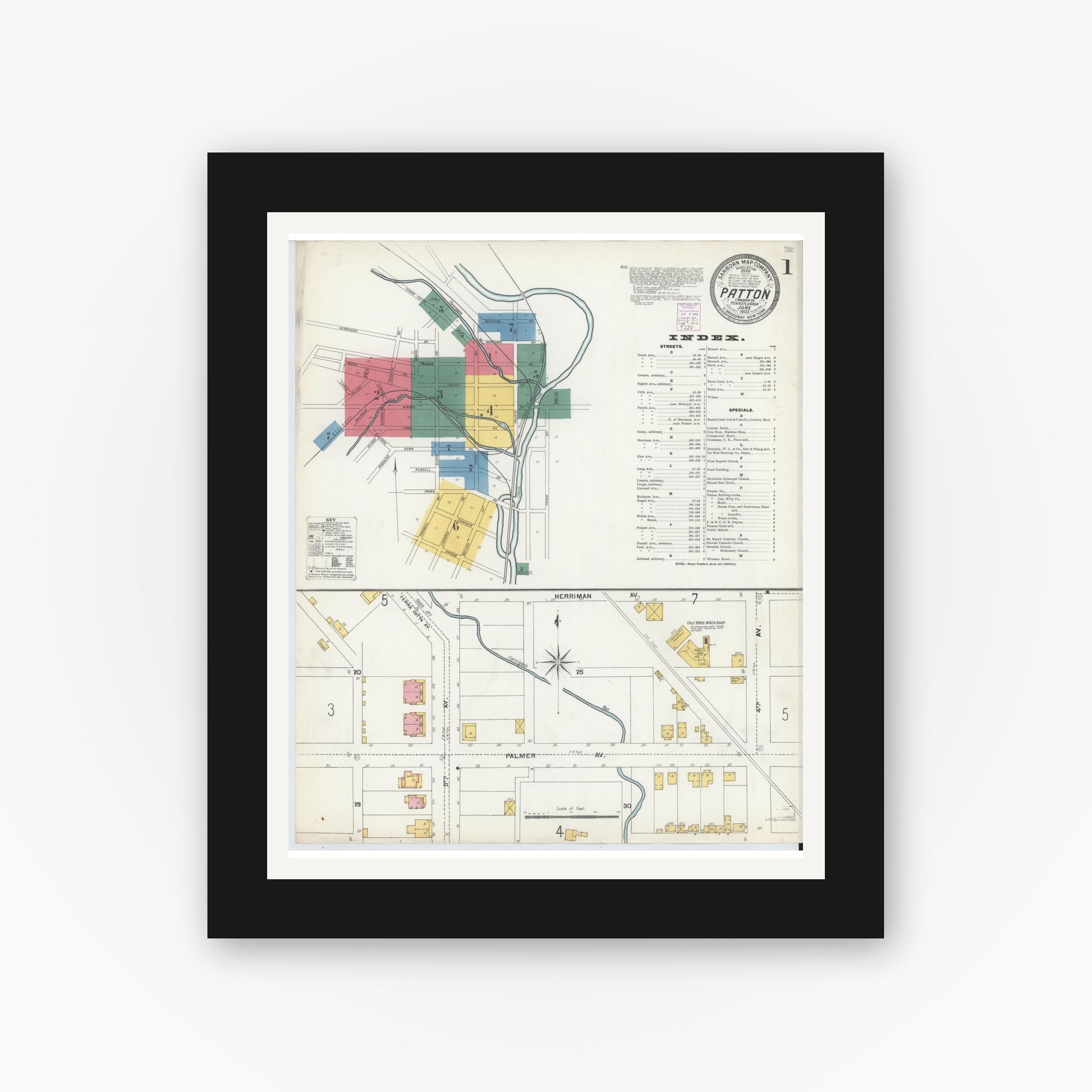 Old map wall art mockup — black gallery frame with white mat — Sanborn Fire Insurance Map from Patton, Cambria County, Pennsylvania (1903) - Complete Map Set