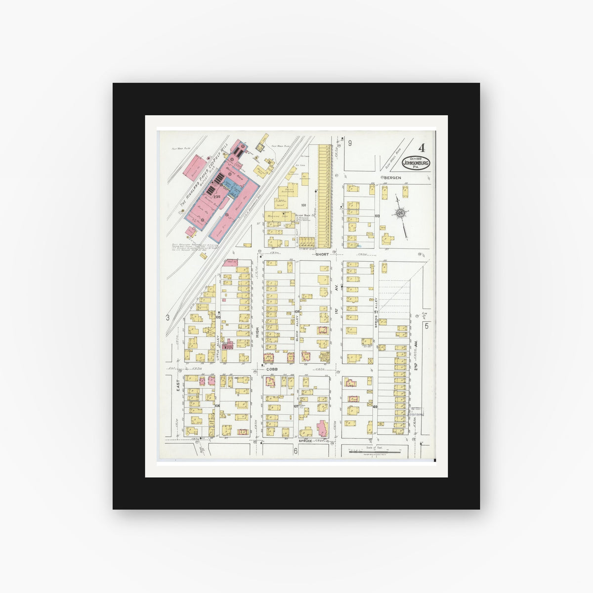 Old map wall art mockup — black gallery frame with white mat — Sanborn Fire Insurance Map from Johnsonburg, Elk County, Pennsylvania (1919), Sheet #0004