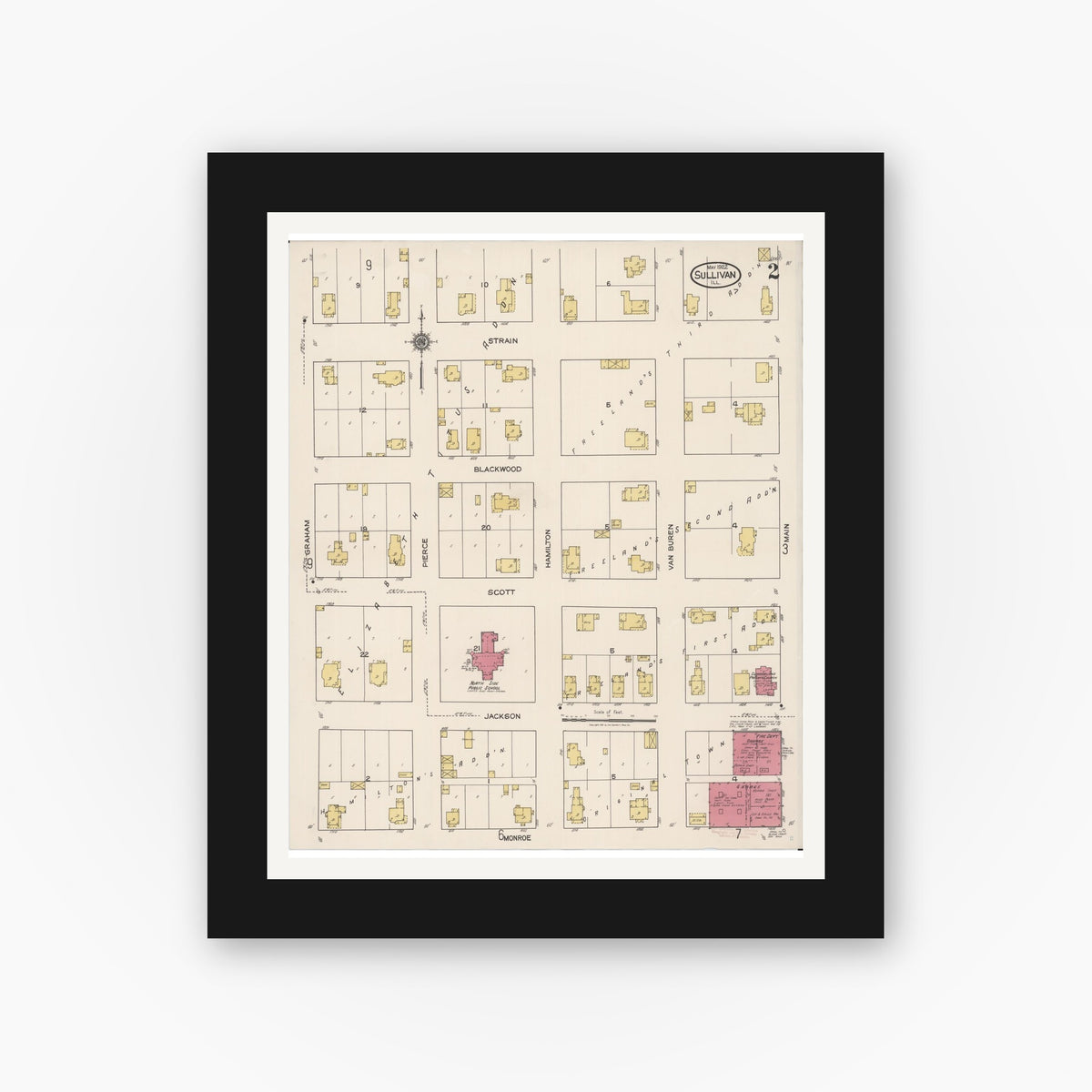 Old map wall art mockup — black gallery frame with white mat — Sanborn Fire Insurance Map from Sullivan, Moultrie County, Illinois (1922), Sheet #0002