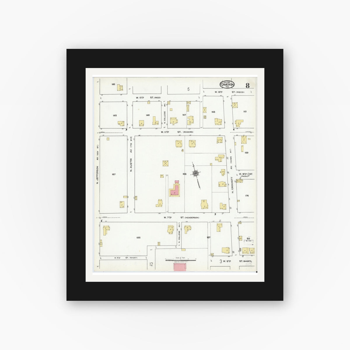 Old map wall art mockup — black gallery frame with white mat — Sanborn Fire Insurance Map from Cameron, Milam County, Texas (1920), Sheet #0008