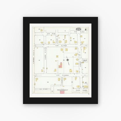 Old map wall art mockup — black gallery frame with white mat — Sanborn Fire Insurance Map from Cameron, Milam County, Texas (1920), Sheet #0008