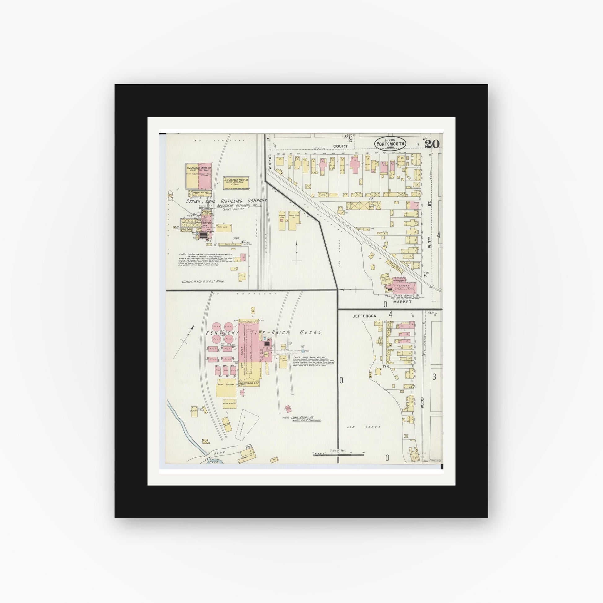 Old map wall art mockup — black gallery frame with white mat — Sanborn Fire Insurance Map from Portsmouth, Scioto County, Ohio (1897), Sheet #0020