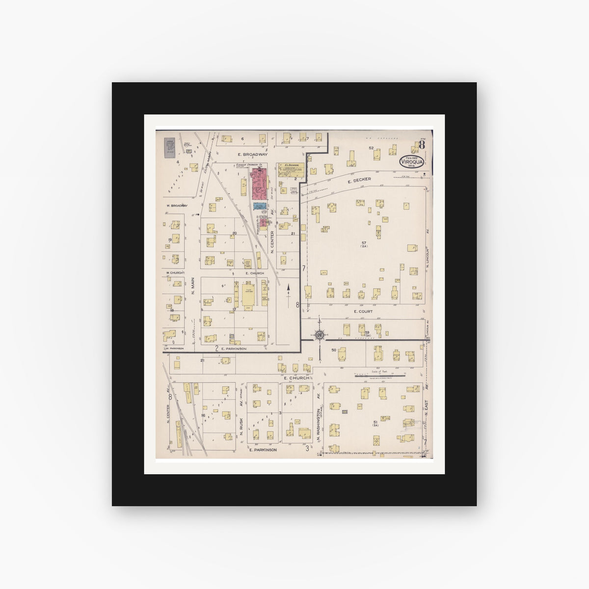 Old map wall art mockup — black gallery frame with white mat — Sanborn Fire Insurance Map from Viroqua, Vernon County, Wisconsin (1922), Sheet #0008