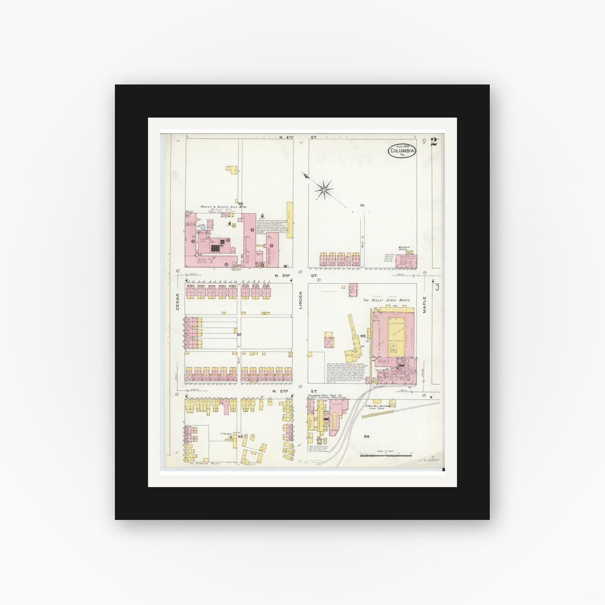 Old map wall art mockup — black gallery frame with white mat — Sanborn Fire Insurance Map from Columbia, Lancaster County, Pennsylvania (1909), Sheet #0002