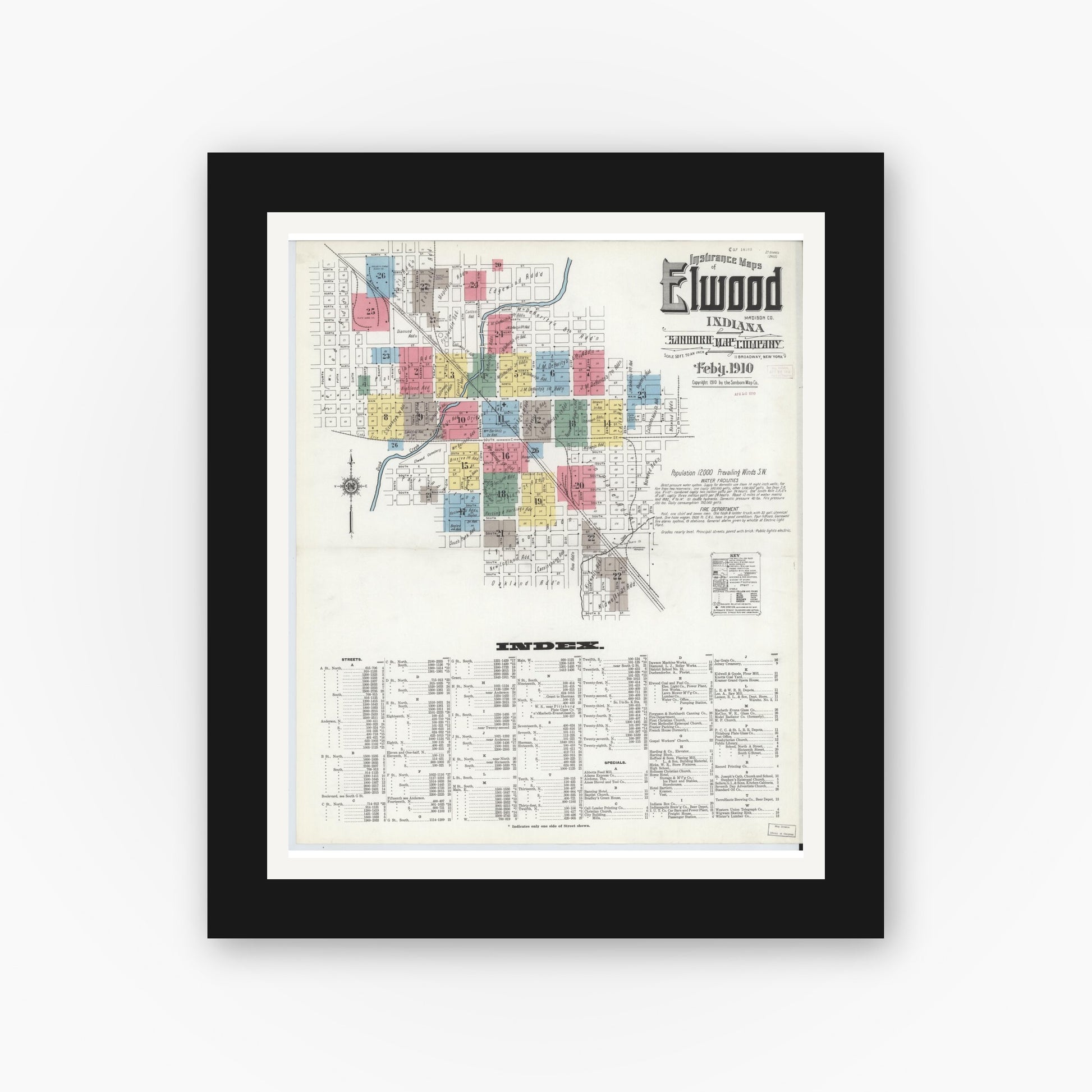 Old map wall art mockup — black gallery frame with white mat — Sanborn Fire Insurance Map from Elwood, Madison County, Indiana (1910), Sheet #0001