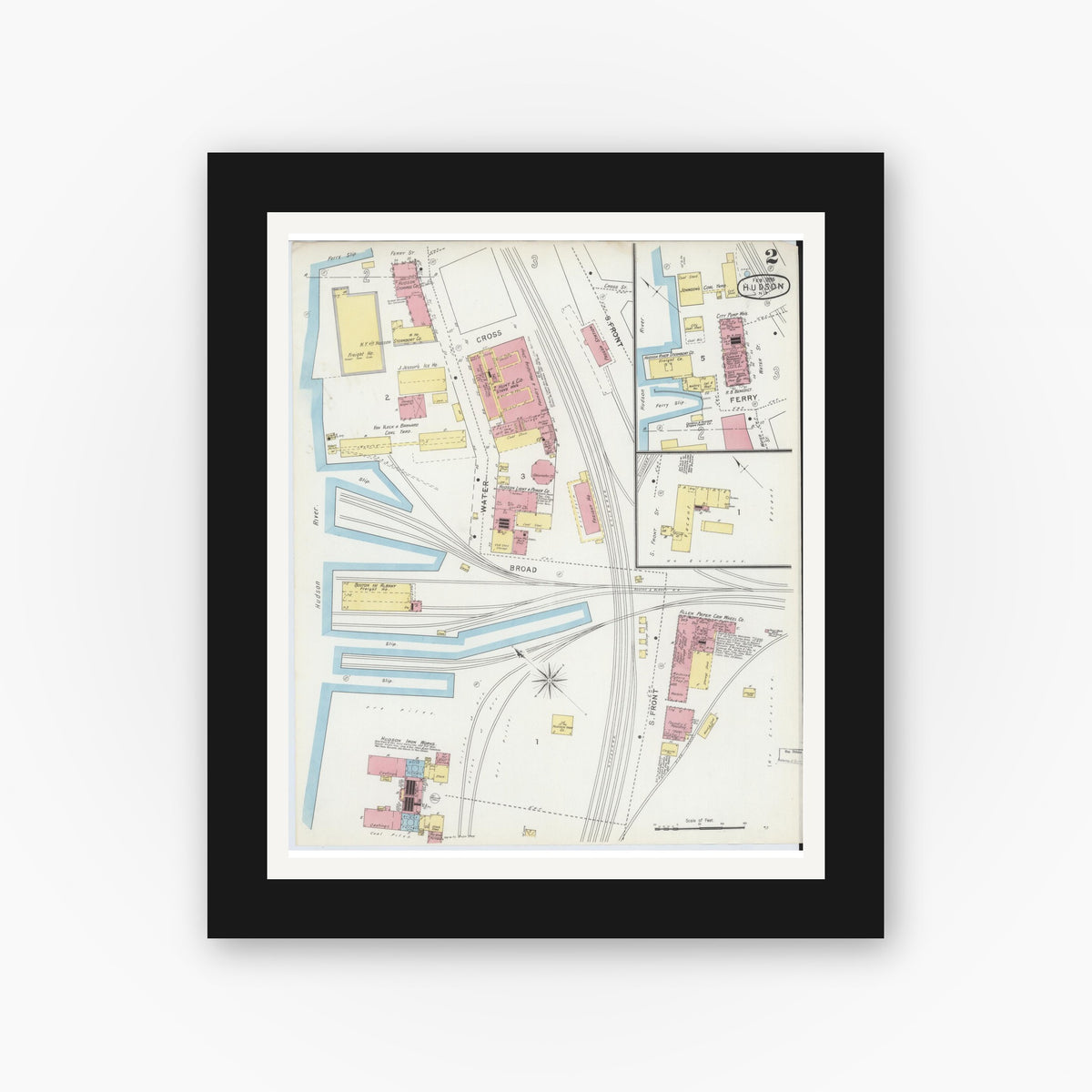 Old map wall art mockup — black gallery frame with white mat — Sanborn Fire Insurance Map from Hudson, Columbia County, New York (1895), Sheet #0002