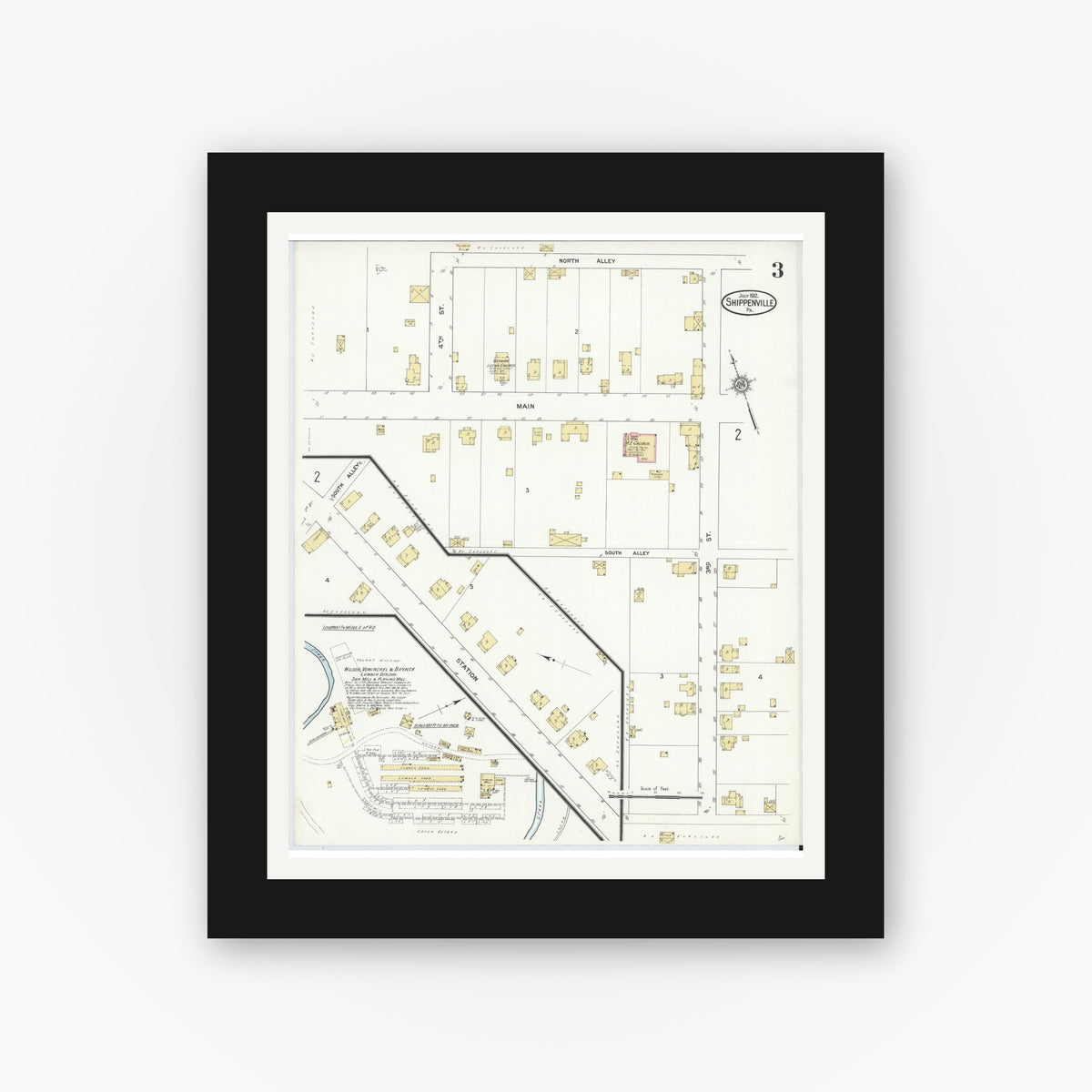 Old map wall art mockup — black gallery frame with white mat — Sanborn Fire Insurance Map from Shippenville, Clarion County, Pennsylvania (1912), Sheet #0003