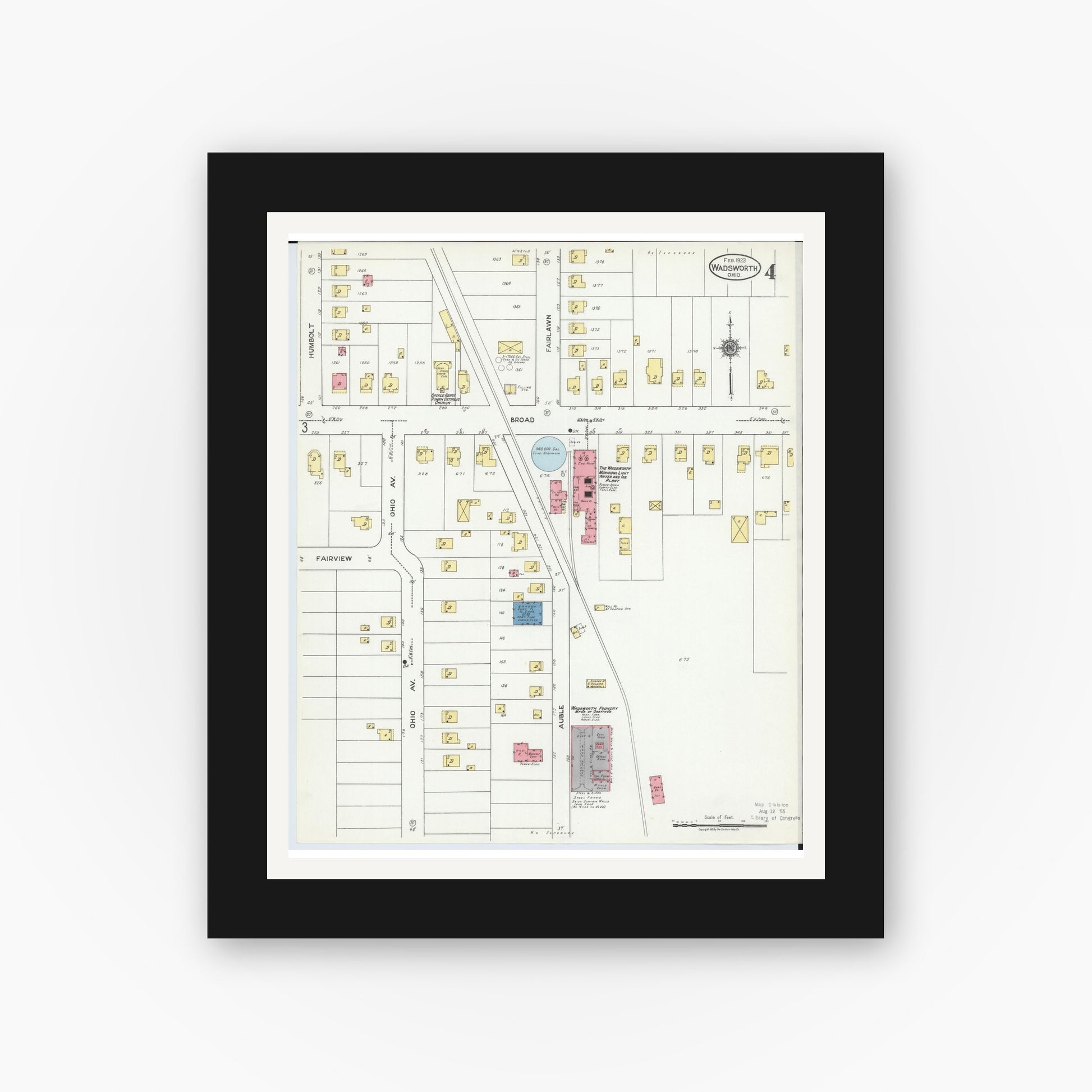 Old map wall art mockup — black gallery frame with white mat — Sanborn Fire Insurance Map from Wadsworth, Medina County, Ohio (1923), Sheet #0004
