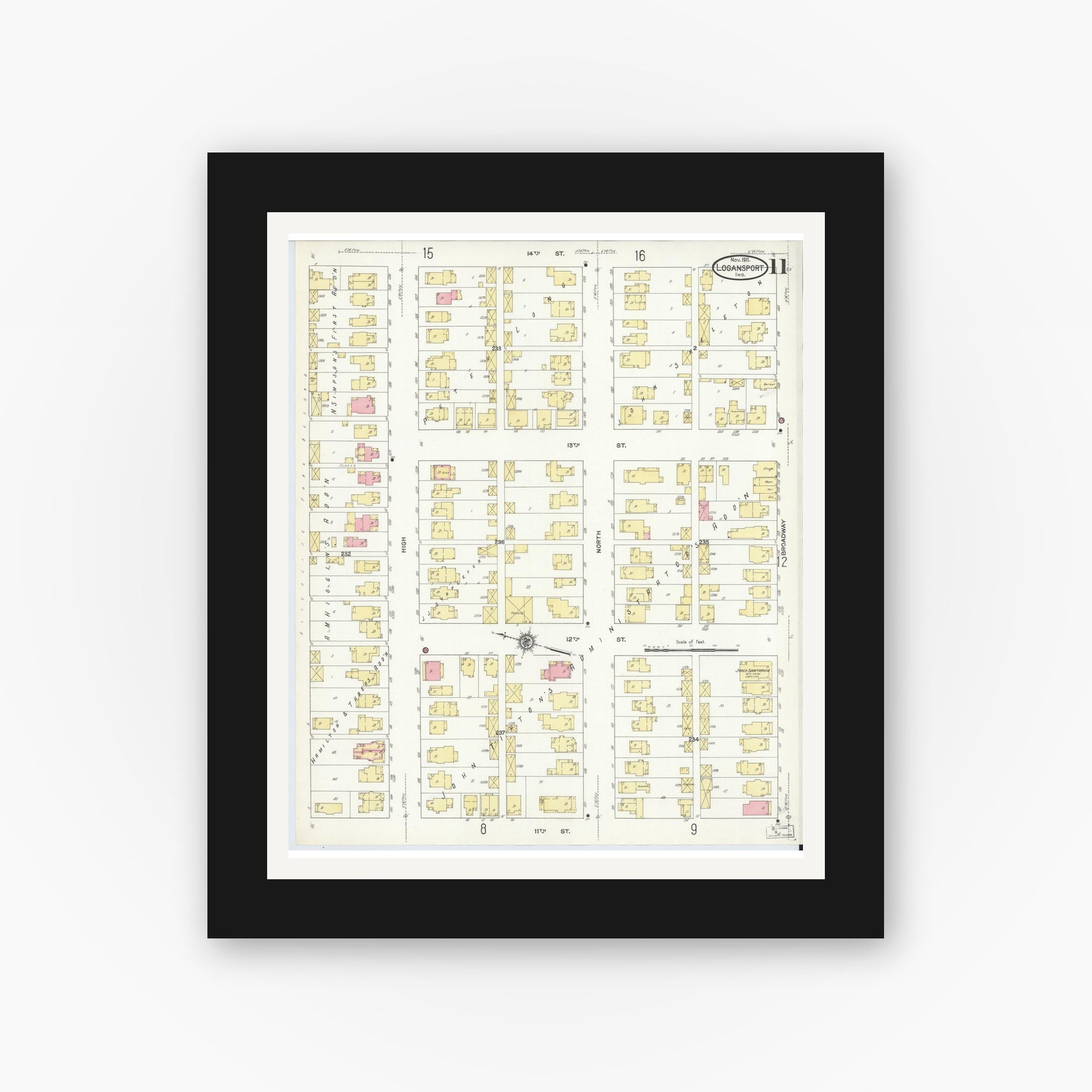Old map wall art mockup — black gallery frame with white mat — Sanborn Fire Insurance Map from Logansport, Cass County, Indiana (1911), Sheet #0011