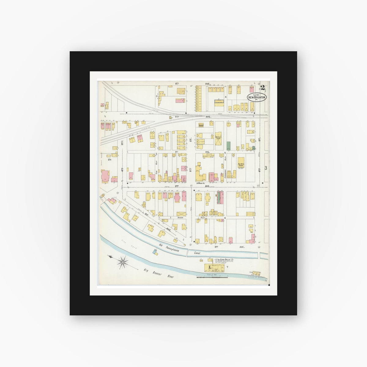 Old map wall art mockup — black gallery frame with white mat — Sanborn Fire Insurance Map from New Brighton, Beaver County, Pennsylvania (1901), Sheet #0002