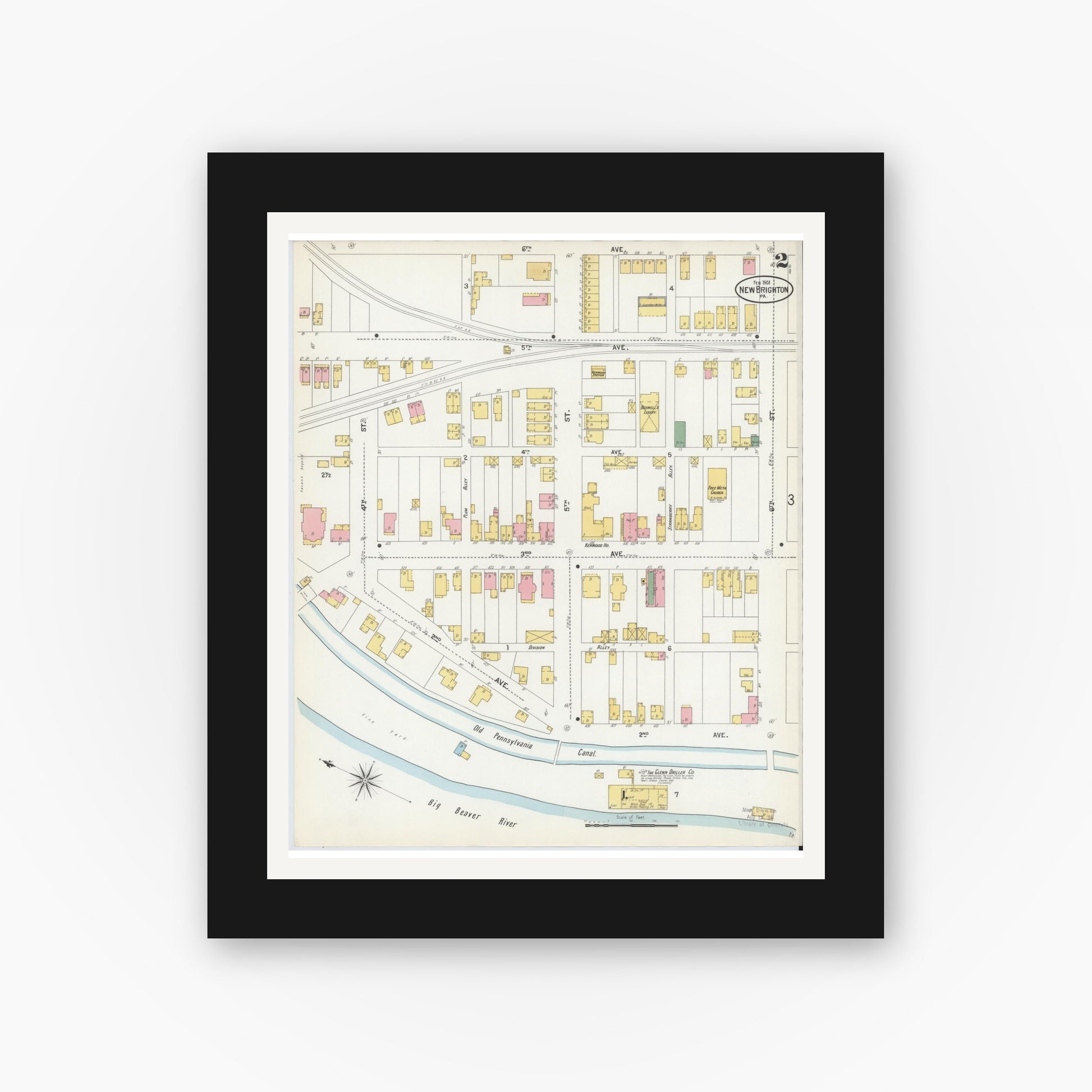 Old map wall art mockup — black gallery frame with white mat — Sanborn Fire Insurance Map from New Brighton, Beaver County, Pennsylvania (1901), Sheet #0002