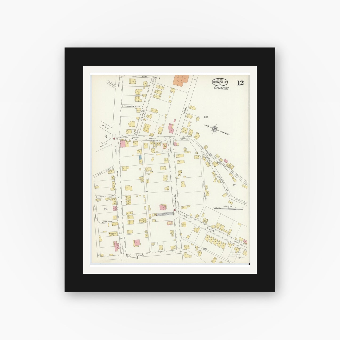 Old map wall art mockup — black gallery frame with white mat — Sanborn Fire Insurance Map from Brownsville, Fayette County, Pennsylvania (1913), Sheet #0012