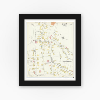 Old map wall art mockup — black gallery frame with white mat — Sanborn Fire Insurance Map from Brownsville, Fayette County, Pennsylvania (1913), Sheet #0012