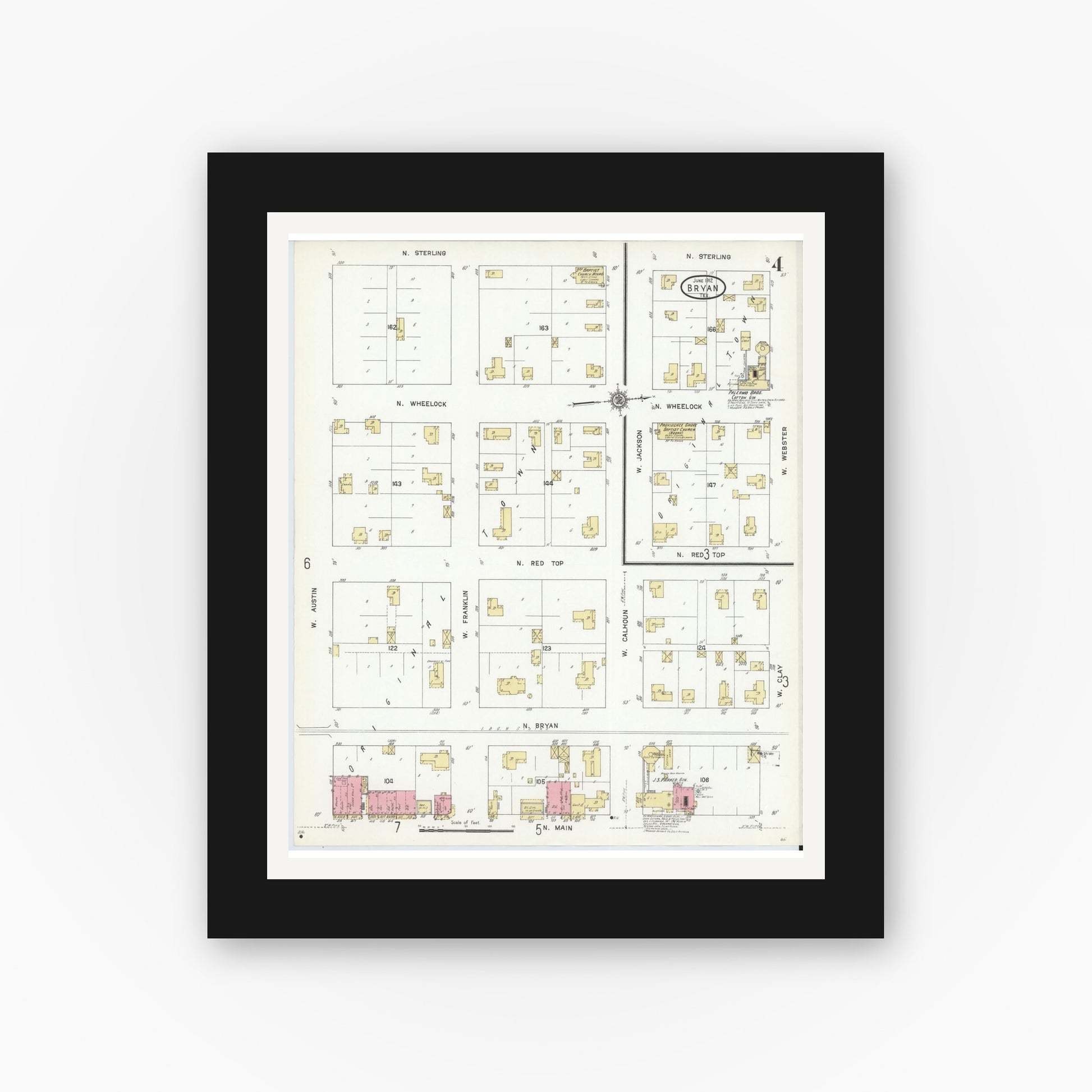 Old map wall art mockup — black gallery frame with white mat — Sanborn Fire Insurance Map from Bryan, Brazos County, Texas (1912), Sheet #0004