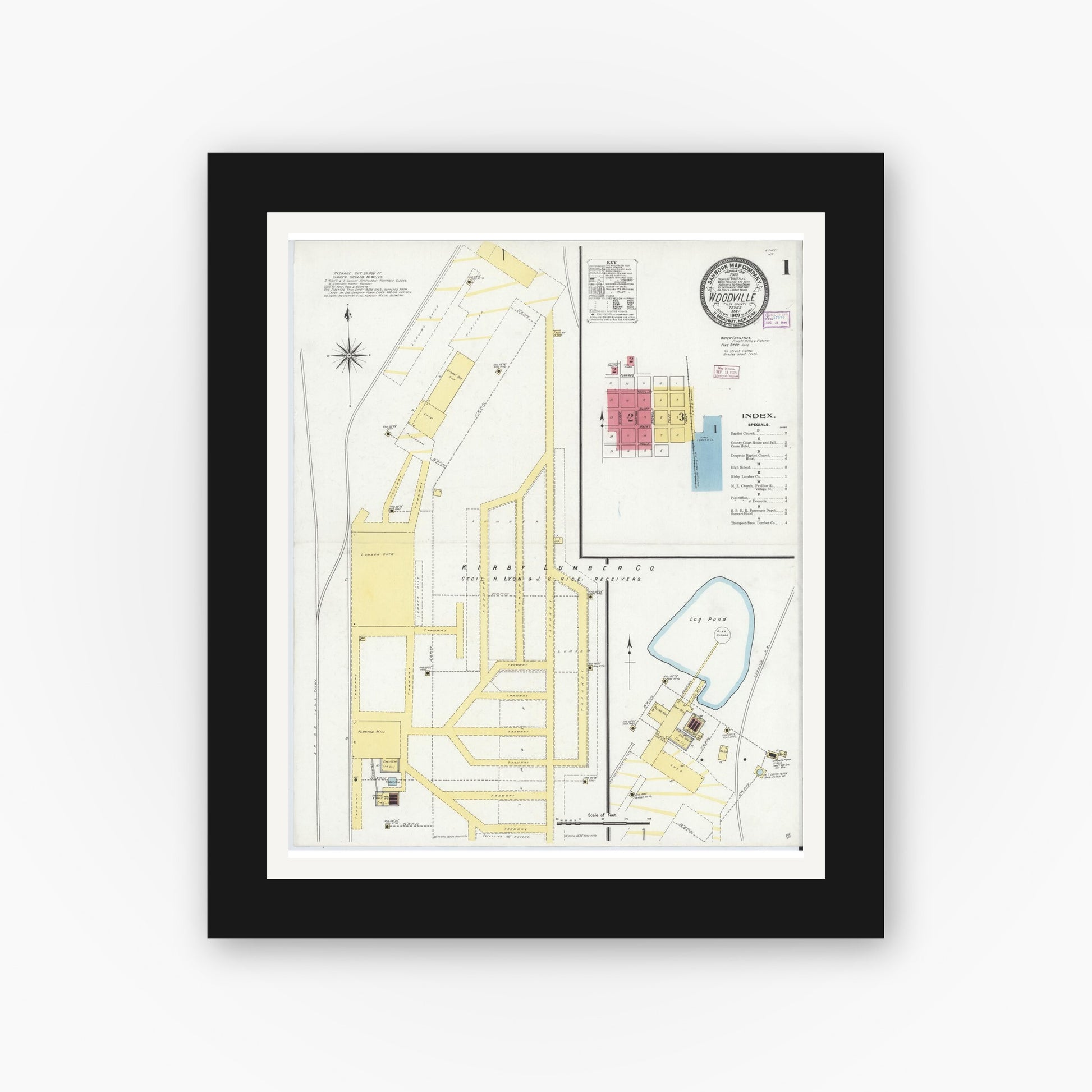 Old map wall art mockup — black gallery frame with white mat — Sanborn Fire Insurance Map from Woodville, Tyler County, Texas (1909) - Complete Map Set